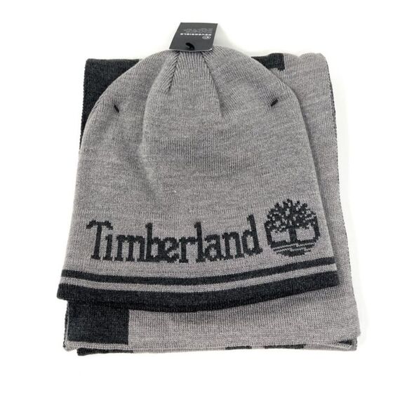 Timberland Gray Reversible Logo Jacquard Muffler & Beanie Set - Picture 1 of 14